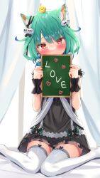 Rule 34 | 1girl, animal ear fluff, animal ears, bare shoulders, blush, cat ears, colored tips, covering own mouth, detached sleeves, double bun, dress, english text, frilled thighhighs, frills, green hair, hair bun, hair ornament, head tilt, highres, hololive, k mugura, looking at viewer, multicolored hair, necromancer, red eyes, short hair, skull hair ornament, solo, thighhighs, uruha rushia, virtual youtuber, white thighhighs