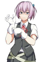 Rule 34 | 10s, 1girl, adjusting clothes, adjusting gloves, blue eyes, gloves, hair ornament, kantai collection, kupala, looking at viewer, neck ribbon, pink hair, ponytail, red ribbon, ribbon, school uniform, shaded face, shiranui (kancolle), short hair, skirt, solo, white background, white gloves