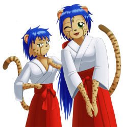 Rule 34 | 1girl, artist request, blue hair, female focus, furry, furry female, green eyes, japanese clothes, leopard, multiple views, one eye closed, open mouth, short hair, simple background, white background