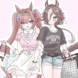 Rule 34 | 2girls, :d, ^^^, animal ears, arm grab, bag, belt, belt buckle, black belt, black shirt, blue shorts, blush, breasts, brown eyes, brown hair, buckle, clothes writing, clothing cutout, collared shirt, commentary request, daiwa scarlet (umamusume), floating hair, grey hair, hair between eyes, heart, holding, holding bag, horse ears, horse girl, horse tail, long hair, low ponytail, medium breasts, multicolored hair, multiple girls, o ( oomua), open mouth, outline, pink background, pink shirt, ponytail, puffy short sleeves, puffy sleeves, red eyes, shirt, shopping bag, short shorts, short sleeves, shorts, shoulder cutout, simple background, skirt, smile, stiff tail, surprised, tail, thighhighs, twintails, two-tone hair, umamusume, very long hair, vodka (umamusume), white outline, white skirt, white thighhighs