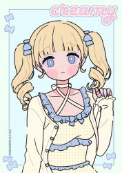 Rule 34 | 1girl, blonde hair, blue background, blue bow, blue eyes, blue nails, blush stickers, border, bow, breasts, closed mouth, collarbone, commentary, criss-cross halter, dress, english text, frilled dress, frills, green border, hair bow, halterneck, hand up, highres, jacket, long hair, long sleeves, looking at viewer, nail polish, neki (wakiko), open clothes, open jacket, original, polka dot, polka dot dress, ringlets, sleeves past wrists, small breasts, solo, twintails, yellow dress, yellow jacket