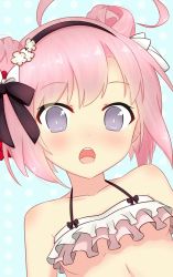 Rule 34 | 1girl, :o, absurdres, ahoge, azur lane, bare shoulders, bikini, black bow, black hairband, blue background, bow, breasts, collarbone, commentary, double bun, dutch angle, hair between eyes, hair bow, hair bun, hairband, highres, layered bikini, open mouth, pink bikini, pink hair, purple eyes, saratoga (azur lane), saratoga (seven seas of rest) (azur lane), small breasts, solo, swimsuit, symbol-only commentary, teeth, upper teeth only, white bikini, white bow, yuujoduelist