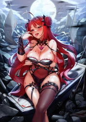 Rule 34 | 1girl, :d, :p, absurdres, ahoge, arm under breasts, asymmetrical gloves, bare shoulders, bat (animal), belt, blood, blush, bow, breasts, bridal gauntlets, brown thighhighs, choker, cleavage, coffin, crossed legs, double bun, erze (king&#039;s raid), fangs, frills, full moon, gem, gloves, hair bun, hair ornament, hand up, head tilt, highres, huge filesize, jai (whany1998), king&#039;s raid, large breasts, long hair, looking at viewer, moon, night, open mouth, outdoors, red eyes, red gemstone, red hair, single thighhigh, sitting, smile, solo, thigh strap, thighhighs, thighlet, tongue, tongue out, uneven gloves, very long hair