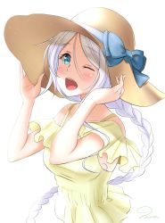 Rule 34 | 1girl, alternate costume, bad id, bad twitter id, blue bow, blue eyes, blush, bow, braid, breasts, dress, hair between eyes, hat, highres, kantai collection, large breasts, long hair, looking at viewer, mero oon, one-hour drawing challenge, one eye closed, open mouth, ponytail, simple background, single braid, smile, solo, straw hat, umikaze (kancolle), very long hair, white background, white hair, yellow dress