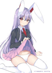 Rule 34 | 1girl, animal ears, artist name, black jacket, blazer, blush, breasts, clothes lift, commentary request, feet out of frame, hair between eyes, highres, jacket, lifted by self, long hair, long sleeves, looking at viewer, medium breasts, miniskirt, necktie, ougi hina, panties, pink skirt, pleated skirt, purple hair, rabbit ears, red eyes, red necktie, reisen udongein inaba, sidelocks, simple background, sitting, skindentation, skirt, skirt lift, smile, solo, thighhighs, thighs, touhou, twitter username, underwear, very long hair, wariza, white background, white panties, white thighhighs