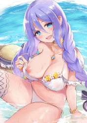 Rule 34 | 1girl, bare shoulders, beach, bikini, blue eyes, blush, braid, breasts, collarbone, commentary request, hair between eyes, hat, highres, jewelry, konka, large breasts, long hair, looking at viewer, navel, neck ring, necklace, nipples, one breast out, open mouth, princess connect!, purple hair, shizuru (princess connect!), shizuru (summer) (princess connect!), shore, sitting, smile, solo, straw hat, swimsuit, thighs, twin braids, unworn hat, unworn headwear, wet, white bikini