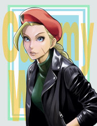 Rule 34 | ahoge, beret, black jacket, blonde hair, blue eyes, breasts, cammy white, casual, character name, eyelashes, facial scar, forehead, green leotard, hand in pocket, hat, heattech leotard, highres, huge ahoge, jacket, leather, leather jacket, leotard, lips, long braid, long hair, looking at viewer, medium breasts, nose, red hat, scar, scar on cheek, scar on face, solo, street fighter, to-ru, turtleneck, upper body