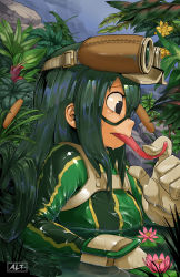 Rule 34 | 10s, 1girl, aaron l. tucker, asui tsuyu, bodysuit, boku no hero academia, branch, domino mask, eyelashes, flower, from side, gloves, green hair, highres, lily pad, long hair, long tongue, mask, nature, partially submerged, plant, solo, tongue, tongue out, upper body, very long hair, water, wet, wet clothes, wet hair