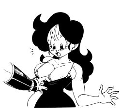 Rule 34 | 1boy, 1girl, areola slip, breasts, clothes pull, collarbone, dragon ball, dragon ball (classic), dress pull, funsexydb, highres, large breasts, lunch (dragon ball), lunch (good) (dragon ball), monochrome, open mouth, solo focus, sweatdrop, tenshinhan, vambraces