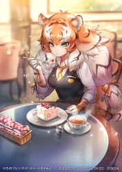 Rule 34 | 1girl, animal ears, animal print, black hair, bow, breast pocket, brown vest, cake, collared shirt, commentary request, cup, eating, elbow gloves, extra ears, food, fork, gloves, hair bow, japari symbol, kemono friends, kemono friends 3, long hair, necktie, official art, orange bow, orange hair, orange necktie, plaid necktie, plaid neckwear, pocket, print gloves, shimizu haro, shirt, short sleeves, siberian tiger (kemono friends), solo, strawberry shortcake, tail, tea, teacup, tiger ears, tiger girl, tiger print, tiger tail, translation request, twintails, vest, white hair, white shirt, yellow eyes