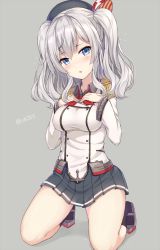 Rule 34 | 10s, 1girl, ascot, bad id, bad twitter id, beret, black legwear, blue eyes, blush, breast suppress, breasts, epaulettes, female focus, frilled sleeves, frills, gloves, hat, head tilt, kantai collection, kashima (kancolle), kneeling, large breasts, looking at viewer, military, military uniform, miniskirt, pleated skirt, rin yuu, sidelocks, silver hair, skirt, solo, tsurime, twintails, uniform, wavy hair