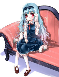 Rule 34 | 10s, 1girl, amatsuka watayuki, baby princess, blue hair, blue skirt, blue vest, bow, couch, dress, full body, hair bow, hairband, long hair, looking at viewer, mary janes, red eyes, red ribbon, red upholstery, ribbon, sho (runatic moon), shoes, shoulder perch, simple background, skirt, solo, striped, striped upholstery, vest, white background, white legwear