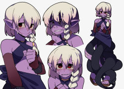 Rule 34 | 1girl, bags under eyes, braid, character sheet, colored skin, criss-cross halter, female focus, gomulgong, halterneck, highres, looking at viewer, monster girl, navel, original, pointy ears, purple skin, red eyes, sandals, side braid, simple background, skirt, smile, solo, standing, toes, white background, white hair