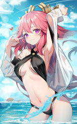 Rule 34 | 1girl, absurdres, arm up, bikini, black bikini, blue sky, breasts, closed mouth, cloud, cloudy sky, commentary request, day, fox shadow puppet, genshin impact, hair between eyes, hand up, heart, highres, horizon, jacket, long hair, looking at viewer, medium breasts, nail polish, navel, ocean, off shoulder, open clothes, open jacket, outdoors, pink hair, purple eyes, red nails, see-through, sky, smile, solo, sugar (dndi888), swimsuit, very long hair, water, white jacket, yae miko