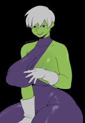 Rule 34 | 1girl, alternate breast size, artist name, bare legs, black background, bodysuit, bodysuit aside, breasts, cheelai, curvy, dragon ball, dragon ball super, gloves, h aurann, highres, huge breasts, looking at viewer, purple bodysuit, purple eyes, shiny clothes, shiny skin, short hair, signature, simple background, smile, solo, white gloves, wide hips
