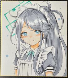 Rule 34 | 1girl, absurdres, apron, aris (blue archive), aris (maid) (blue archive), blue archive, blue bow, blue eyes, bow, closed mouth, collared dress, commentary request, dakkusu, dress, frilled apron, frills, grey dress, grey hair, halo, highres, long hair, looking at viewer, maid, maid apron, photo (medium), ponytail, puffy short sleeves, puffy sleeves, short sleeves, smile, solo, swept bangs, traditional media, upper body, very long hair, white apron