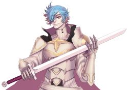 Rule 34 | 1boy, armor, artist name, blue hair, cape, fire emblem, fire emblem fates, genderswap, genderswap (ftm), gloves, hair over one eye, kukimoki, male focus, multicolored hair, nintendo, peri (fire emblem), pink eyes, pink hair, simple background, solo, sword, two-tone hair, upper body, weapon, white background