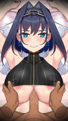 Rule 34 | 1girl, areola slip, armpits, arms up, blue bow, blue eyes, blue hair, blue nails, blush, bow, breasts, censored, chain, clothed female nude male, commentary request, constricted pupils, covered collarbone, covered erect nipples, crop top, detached sleeves, disembodied limb, earrings, erection, grabbing, grabbing another&#039;s breast, grin, hair intakes, headband, highres, hololive, hololive english, jewelry, large breasts, large penis, looking at viewer, mosaic censoring, nail polish, nt00, nude, ouro kronii, ouro kronii (1st costume), paizuri, paizuri under clothes, penis, pov, shirt, short hair, sidelocks, sleeveless, sleeveless shirt, smile, solo focus, straddling, straddling paizuri, upper body, veil, virtual youtuber, zipper
