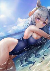 Rule 34 | 1girl, absurdres, animal ears, blue hair, blue one-piece swimsuit, blue sky, braid, breasts, cloud, competition school swimsuit, crown braid, day, highres, horizon, horse ears, horse girl, horse tail, large breasts, long hair, lying, mejiro ardan (umamusume), ocean, on side, one-piece swimsuit, outdoors, partially submerged, purple eyes, school swimsuit, sky, solo, swimsuit, tail, umamusume, waity awa, wet, wet clothes, wet swimsuit