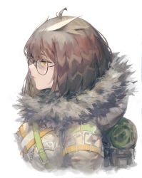 Rule 34 | 1girl, absurdres, ahoge, arknights, backpack, bag, brown hair, closed mouth, feather hair, from side, fur, fur collar, fur trim, glasses, green eyes, hair between eyes, highres, jacket, lips, looking away, rsef, short hair, silence (arknights), simple background, solo, strap, upper body, white background