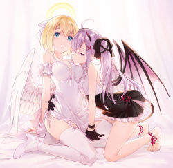 Rule 34 | 2girls, angel wings, ankle ribbon, asahikawa hiyori, bare shoulders, barefoot, bed sheet, black bow, black gloves, black skirt, blonde hair, blouse, bow, breasts, center frills, commentary request, curtains, demon girl, demon tail, demon wings, dress, feathered wings, frills, garter straps, gloves, green eyes, hair between eyes, hair bow, hair ornament, halo, hand on another&#039;s waist, high heels, leg ribbon, long hair, medium breasts, multiple girls, original, panties, pink wings, purple eyes, purple hair, ribbon, shirt, shoes, side-tie panties, sidelocks, skirt, sleeveless, sleeveless dress, sleeveless shirt, tail, thighhighs, twintails, underwear, very long hair, white dress, white footwear, white legwear, white panties, white shirt, white wings, wings, x hair ornament