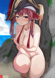 Rule 34 | 1girl, absurdres, bikini, black hat, blue sky, bottomless, breasts, cloud, day, embarrassed, green eyes, hat, heterochromia, highres, hololive, houshou marine, large breasts, long hair, looking at viewer, ocean, pirate hat, red bikini, red eyes, red hair, sky, solo, squatting, swimsuit, twintails, virtual youtuber, yellow eyes, zonzu
