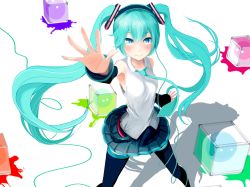 Rule 34 | 1girl, absurdly long hair, aqua eyes, aqua hair, aqua necktie, artist name, artist request, bare shoulders, black skirt, black sleeves, black thighhighs, blue eyes, blue hair, blue nails, blue necktie, blush, breasts, chaining intention (vocaloid), collared shirt, cube, detached sleeves, female focus, hair between eyes, hair ornament, hand up, hatsune miku, headphones, headset, highres, insennsei, long hair, long sleeves, looking at viewer, nail polish, nails, necktie, parted lips, pleated skirt, reaching, reaching towards viewer, shirt, skirt, sleeveless, sleeveless shirt, sleeves past fingers, sleeves past wrists, small breasts, smile, solo, thighhighs, twintails, very long hair, vocaloid, white background, white shirt