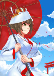 Rule 34 | 10s, blush, breasts, brown hair, cloud, day, green eyes, haiashi, hat, highres, holding, holding umbrella, japanese clothes, kantai collection, kimono, long sleeves, looking to the side, mutsu (kancolle), oil-paper umbrella, outdoors, short hair, sky, torii, uchikake, umbrella