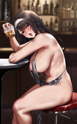 Rule 34 | 1girl, absurdres, areola slip, armpit crease, backless dress, backless outfit, bar (place), bare legs, black hair, blunt bangs, blurry, blurry background, blush, breasts, brown eyes, cocktail dress, commentary request, covered erect nipples, dress, drunk, elbow rest, from side, hairband, highres, indoors, jack dempa, large breasts, long hair, looking at viewer, natsukawa kuroba (jack dempa), navel, navel piercing, nipple chain, on stool, open mouth, original, paid reward available, pelvic curtain, piercing, revealing clothes, round table, sideboob, sideless dress, sitting, solo, table, thighs, white hairband