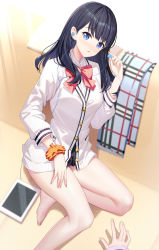 Rule 34 | 1girl, black hair, black skirt, blue eyes, blush, bow, bowtie, breasts, cardigan, collared shirt, commentary request, dress shirt, earbuds, earphones, gridman universe, hand up, highres, holding, holding earphones, long hair, long sleeves, looking at viewer, medium breasts, miniskirt, orange scrunchie, out of frame, parted lips, pleated skirt, ririko (zhuoyandesailaer), scrunchie, shinjou akane, shirt, skirt, solo focus, ssss.gridman, sweater, takarada rikka, thighs, white cardigan, white shirt, white sweater, wrist scrunchie