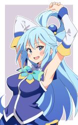 1girl :d aqua_(konosuba) aqua_bow aqua_bowtie arm_behind_head armpits arms_up blue_hair blue_shirt blue_skirt blush_stickers bow bowtie brooch commentary detached_sleeves grey_background hair_between_eyes highres jewelry kono_subarashii_sekai_ni_shukufuku_wo! long_hair long_sleeves noyama_takenoko open_mouth outline shirt simple_background single_hair_ring skirt smile solo upper_body very_long_hair white_outline