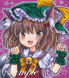 Rule 34 | 1girl, :d, animal ear fluff, animal ears, bell, bow, bowtie, brown eyes, brown hair, cat ears, cat tail, chen, dress, earrings, fang, frilled hat, frills, green hat, hat, hat bow, jewelry, jingle bell, marker (medium), mob cap, multiple tails, neck bell, open mouth, orange bow, orange bowtie, paw pose, paw print, paw print background, puffy short sleeves, puffy sleeves, purple background, red dress, rui (sugar3), sample watermark, shirt, short hair, short sleeves, single earring, skin fang, smile, solo, tail, touhou, traditional media, two tails, upper body, watermark, white shirt, wrist cuffs