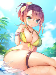 Rule 34 | 1girl, beach, bikini, blue sky, bracelet, breasts, brown hair, cleavage, collarbone, commentary request, crossed legs, day, flower, green bikini, green eyes, hair between eyes, hair flower, hair ornament, highres, jewelry, large breasts, mg kurino, navel, necklace, open mouth, original, outdoors, palm tree, sidelocks, sitting, sky, solo, swimsuit, thigh strap, thighs, tree, wet