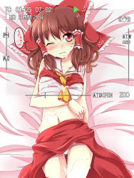 Rule 34 | 1girl, ascot, bow, breasts, brown hair, commentary request, cum, cum on body, cum on breasts, cum on lower body, cum on upper body, hair bow, hair ribbon, hair tubes, hakurei reimu, haruki (colorful macaron), lace, lace-trimmed panties, lace trim, looking at viewer, midriff, navel, one eye closed, panties, recording, red eyes, ribbon, sarashi, skirt, unworn sleeves, solo, sweatdrop, text focus, thigh gap, touhou, translation request, underwear, upskirt, white panties