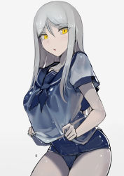 Rule 34 | 10s, 1girl, abyssal ship, alternate costume, blue one-piece swimsuit, breasts, collarbone, eyebrows, eyes visible through hair, grey background, kantai collection, large breasts, looking at viewer, one-piece swimsuit, pale skin, school swimsuit, short sleeves, solo, swimsuit, swimsuit under clothes, ta-class battleship, upper body, walzrj, wet, wet clothes, white hair, yellow eyes