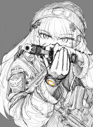 Rule 34 | 1girl, absurdres, assault rifle, beanie, cross hair ornament, girls&#039; frontline, grey background, grey hair, gun, gun sling, h&amp;k hk416, hair ornament, handgun, hat, highres, hk416 (girls&#039; frontline), holding, holding gun, holding weapon, imponte1232, jacket, long hair, long sleeves, patch, police, rifle, simple background, solo, watch, weapon