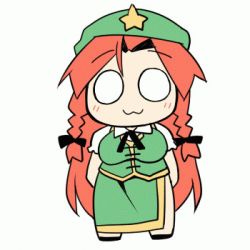 Rule 34 | 1girl, :3, animated, animated gif, bad id, bad pixiv id, bow, braid, breasts, chibi, chinese clothes, clapping, dancing, hair bow, hat, hong meiling, large breasts, long hair, lowres, md5 mismatch, o o, red hair, simple background, solo, star (symbol), touhou, twin braids, uccow, ugoira, very long hair, white background