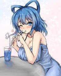 Rule 34 | 1girl, amagi (amagi626), bare arms, bare shoulders, blue background, blue dress, blue eyes, blue hair, blush, breasts, chemise, cleavage, collarbone, commentary request, cup, dress, drinking, drinking glass, drinking straw, gradient background, hair between eyes, hair rings, hands up, heart, highres, kaku seiga, large breasts, looking at viewer, one-hour drawing challenge, one eye closed, pink background, short hair, solo, spaghetti strap, sparkle, table, touhou, upper body