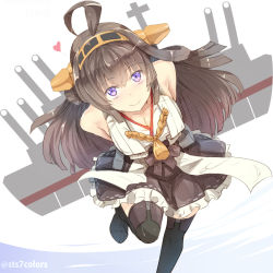 Rule 34 | 10s, 1girl, ahoge, bare shoulders, blush, boots, brown hair, double bun, hair ornament, hairband, headgear, heart, japanese clothes, kantai collection, kongou (kancolle), long hair, nontraditional miko, purple eyes, smile, solo, standing, standing on one leg, sts, thigh boots, thighhighs, turret, twitter username