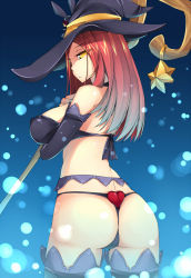 Rule 34 | 1girl, ass, bare shoulders, black thighhighs, breasts, dean (momodean), gloves, hat, heart, highres, huge ass, large breasts, long hair, original, panties, red hair, solo, staff, thighhighs, thong, underwear, witch hat, yellow eyes