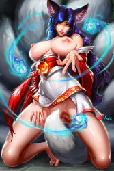 Rule 34 | 1girl, ahri (league of legends), animal ears, barefoot, beckoning, between legs, blue fire, blue hair, breasts, convenient censoring, detached sleeves, facial mark, fire, fox ears, fox tail, full body, gradient background, highres, hitodama, huge breasts, kneeling, korean clothes, league of legends, licking lips, lips, long hair, looking at viewer, mr h.l., multiple tails, naughty face, nipples, no panties, nose, outstretched hand, perky breasts, sagging breasts, solo, tail, tail between legs, tail censor, toes, tongue, tongue out, whisker markings, yellow eyes