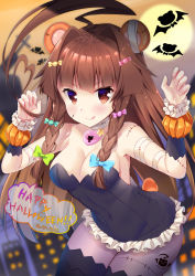 Rule 34 | 1girl, ahoge, animal ears, animal print, bandages, bare shoulders, bat print, bear ears, bear print, bear tail, blue ribbon, blurry, blurry background, blush, braid, breasts, brown eyes, brown hair, building, candy, candy hair ornament, cleavage, closed mouth, commentary, dated, food, food-themed hair ornament, green ribbon, hair ornament, hair ribbon, halloween, happy halloween, heart, highres, huge ahoge, kantai collection, ko yu, kuma (kancolle), leotard, long hair, looking at viewer, medium breasts, moon, ribbon, smile, solo, star (symbol), tail, thighhighs, tongue, tongue out