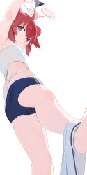 Rule 34 | 1girl, ahoge, arm up, blue archive, blue buruma, blue eyes, buruma, camisole, commentary, double bun, hair bun, halo, highres, hiroki (yyqw7151), looking at viewer, maki (blue archive), panties, panties under buruma, red hair, red halo, short hair, simple background, solo, standing, underwear, white background, white camisole, white panties