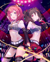 Rule 34 | 10s, 2girls, :d, bare shoulders, belt, black hair, blush, bow, breasts, brown hair, cleavage, confetti, cutoffs, detached sleeves, earrings, fingerless gloves, gloves, glowstick, hair bow, hairband, highres, holding hands, idol, interlocked fingers, jewelry, looking at viewer, love live!, love live! school idol festival, love live! school idol project, microphone, midriff, multiple girls, navel, nishikino maki, one eye closed, open mouth, plaid, plaid skirt, purple eyes, red hair, rio.lw, short hair, short shorts, shorts, skirt, smile, sports bra, star tattoo, tattoo, thighhighs, twintails, wink, yazawa nico