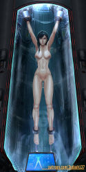 Rule 34 | 1girl, armpits, arms up, bare arms, bare shoulders, bdsm, black hair, bondage, bound, breasts, cleavage, clenched hands, collarbone, colored skin, fantasy, final fantasy, final fantasy vii, final fantasy vii remake, highres, jewelry, judash137, large breasts, long hair, looking at viewer, machine, miniskirt, navel, nude, open mouth, parted lips, ponytail, red eyes, scarlet (ff7), shiny skin, skirt, solo, square enix, thighs, tifa lockhart, toned, uncensored, very long hair, wet, white skin