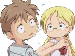 Rule 34 | 1boy, 1girl, blonde hair, brown hair, child, closed mouth, commentary request, constricted pupils, glasses, highres, jiruo (made in abyss), made in abyss, open mouth, riko (made in abyss), simple background, slapping, spoilers, surprised, twintails, upper body, whistle, whistle around neck, wide-eyed, ximu shilang