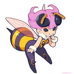 Rule 34 | 1girl, :q, arthropod girl, bee girl, bee wings, black eyes, black sclera, bodysuit, chibi, colored sclera, full body, hair horns, hand up, highres, index finger raised, insect girl, kotatsu (g-rough), looking at viewer, pantyhose, pink hair, q-bee, signature, simple background, smile, solo, tongue, tongue out, vampire (game), white background