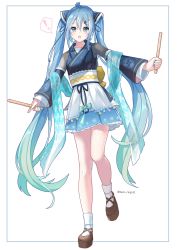 Rule 34 | !, 1girl, adapted costume, ahoge, alternate color, aqua hair, aqua nails, blue dress, blue eyes, blue hair, blue sleeves, commentary, detached sleeves, dress, drumsticks, fireworks print, frilled dress, frills, full body, gradient hair, hagoromo, hair ornament, hairclip, hatsune miku, highres, holding, holding drumsticks, japanese clothes, kimono, layered dress, long hair, looking at viewer, magical mirai (vocaloid), multicolored hair, musical note, musical note print, nail polish, obi, open mouth, sandals, sash, shawl, socks, solo, spoken exclamation mark, standing, tsukiringo, twintails, twitter username, very long hair, vocaloid, white background, yukata, zouri