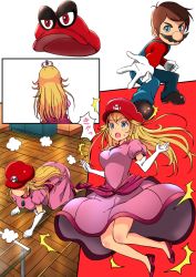 Rule 34 | 1boy, 1girl, blonde hair, blue eyes, blush, breasts, brown hair, cappy (mario), comic, crown, dress, facial hair, gameplay mechanics, gloves, hat, long hair, mario, mario (series), mustache, nintendo, open mouth, overalls, possessed, possession, princess peach, shougakusei, smile, super mario odyssey