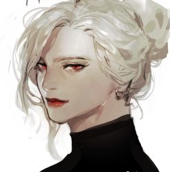 Rule 34 | 1other, androgynous, black shirt, closed mouth, earrings, hair bun, hairband, jewelry, lipstick, looking at viewer, makeup, original, pigeon666, portrait, red eyes, red lips, shirt, simple background, single hair bun, smile, solo, turtleneck, white background, white hairband